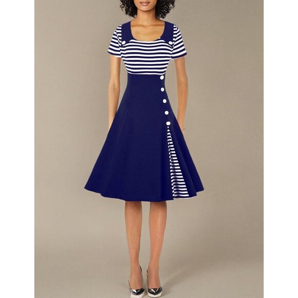 Women's Vintage Pin Up A Line Stripes Sailor Dress Cotton Polyester Spandex - Picture 7 of 7